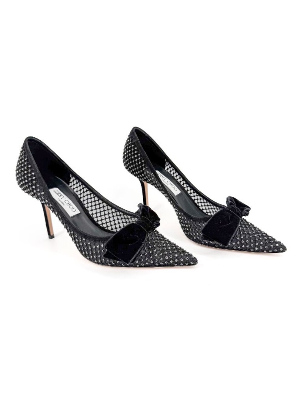 Jimmy Choo Love 85 Crystal Mesh Bow Pumps Heels Black Size 41.5 US 11.5 Fishnet